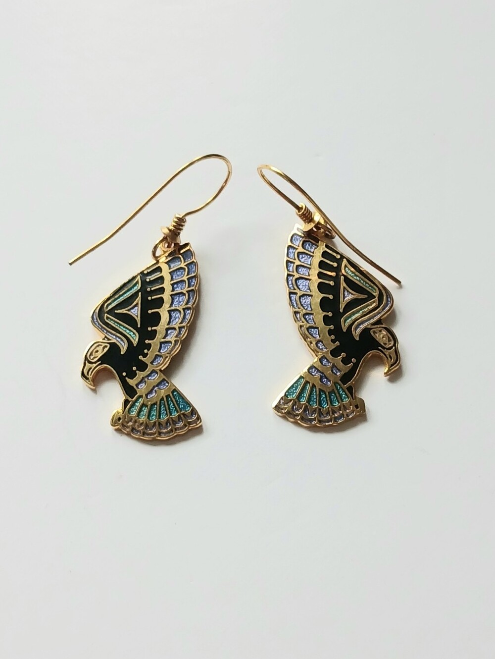 Vtg 1980s ROCCOCO Cloisonne Enamel "Ethnic Eagle" Drop Earrings Pair